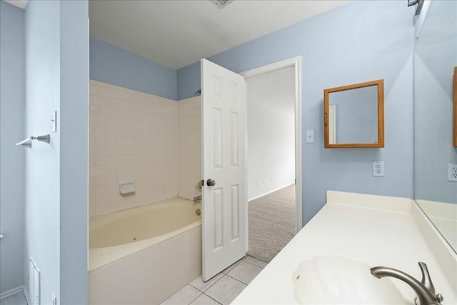 full bath featuring shower / bathing tub combination, vanity, and tile patterned floors