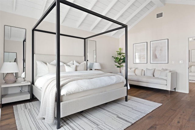 bedroom with dark hardwood / wood-style flooring, wood ceiling, high vaulted ceiling, and beamed ceiling