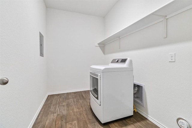 laundry area with washer / clothes dryer, dark hardwood / wood-style flooring, and electric panel