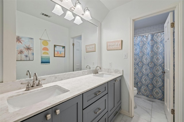 bathroom featuring a shower with curtain, vanity, and toilet