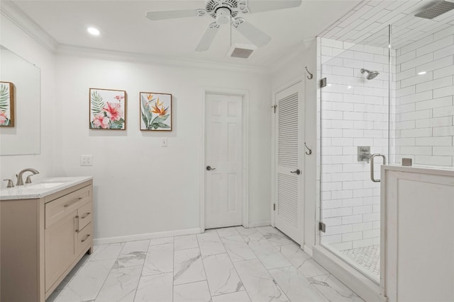 bathroom with walk in shower, ornamental molding, vanity, and ceiling fan