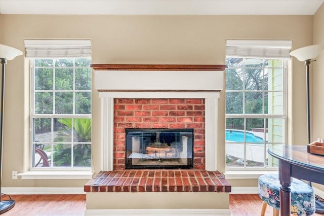 living room with hardwood / wood-style flooring and a fireplace