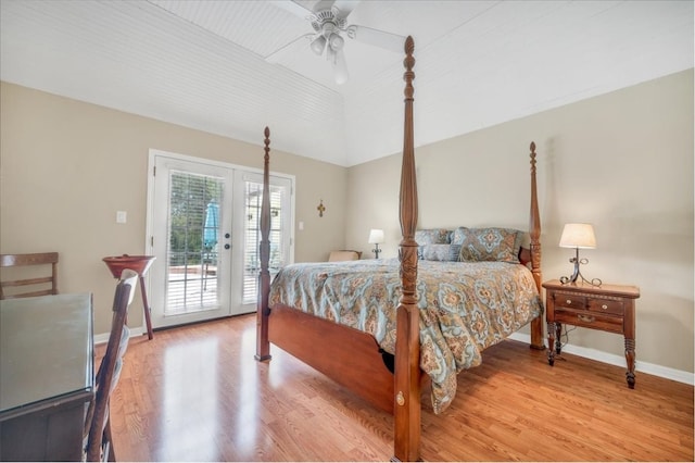 bedroom featuring access to outside, light hardwood / wood-style floors, and ceiling fan