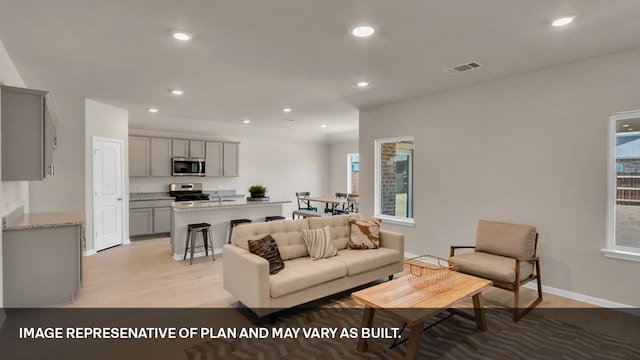 living room with light hardwood / wood-style floors and a healthy amount of sunlight