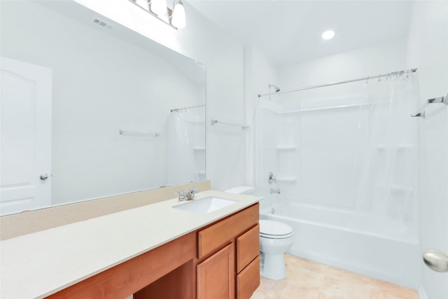 full bathroom with tile patterned flooring, shower / tub combination, vanity, and toilet