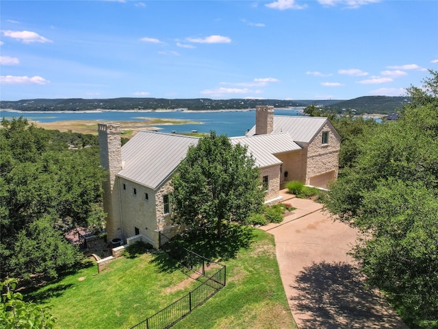 drone / aerial view with a water view