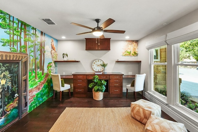 office space with visible vents, recessed lighting, a ceiling fan, and dark wood-style flooring