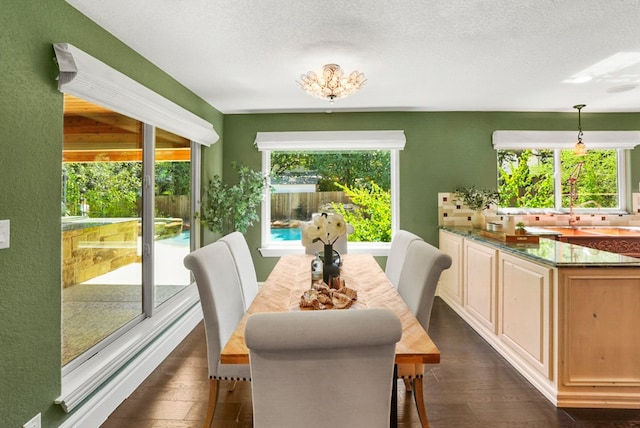 dining space with dark wood-style floors and a textured ceiling