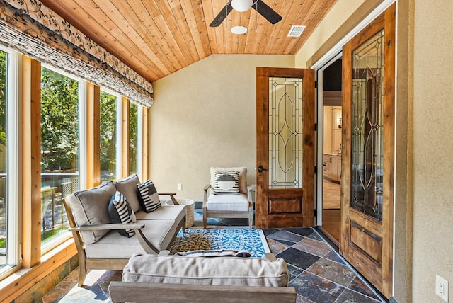 interior space featuring a ceiling fan, lofted ceiling, wood ceiling, and visible vents