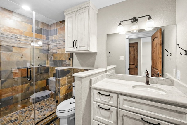 bathroom with a shower stall, toilet, and vanity