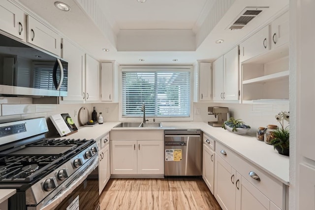 kitchen with backsplash, stainless steel appliances, white cabinetry, and sink