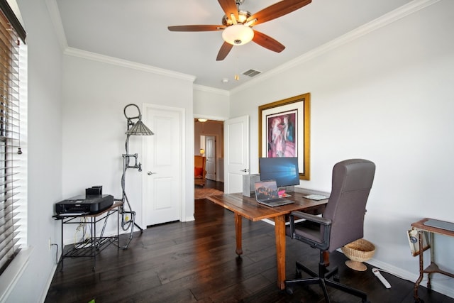 home office with ceiling fan, ornamental molding, and dark wood-type flooring