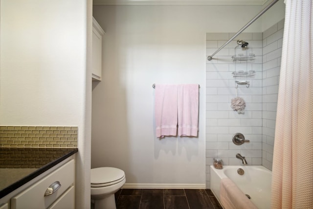 full bathroom featuring vanity, toilet, and shower / bathtub combination with curtain