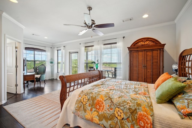 bedroom with ornamental molding, dark wood-type flooring, access to outside, and ceiling fan