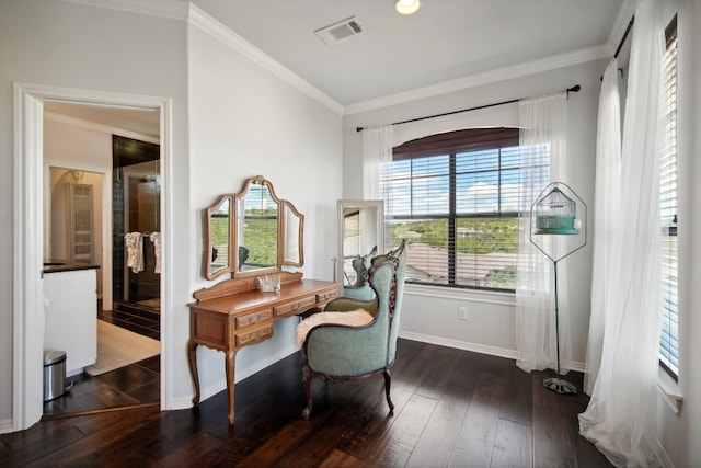 home office with ornamental molding and dark hardwood / wood-style floors