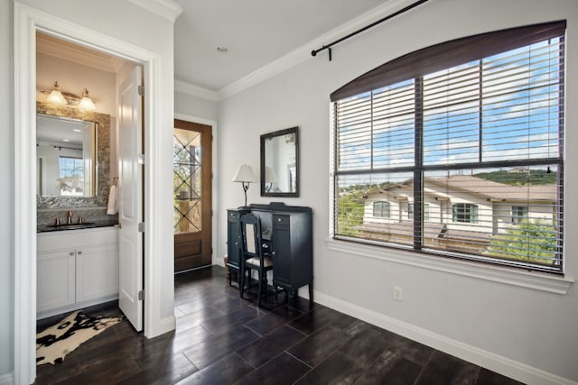 foyer with a healthy amount of sunlight, crown molding, and sink