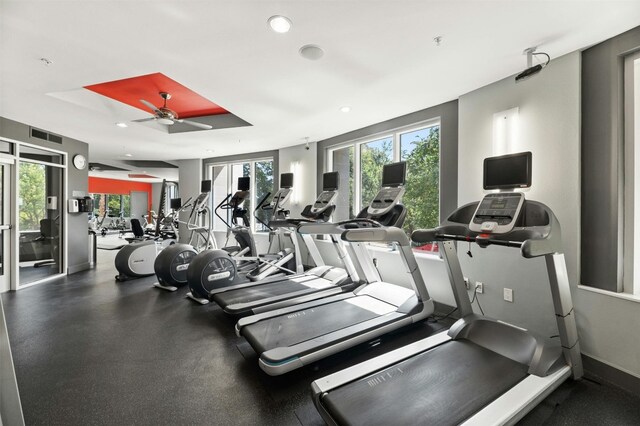 54 Rainey St Unit 1015, Austin, TX 78701 - gym featuring recessed lighting, a ceiling fan, and baseboards