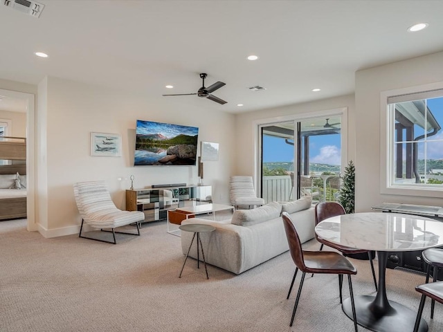 19601 Flying J Blvd Unit 15, Spicewood, TX 78669 - living area featuring healthy amount of natural light, light carpet, recessed lighting, and ceiling fan