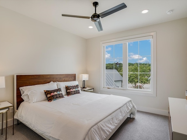 bedroom with carpet floors and ceiling fan