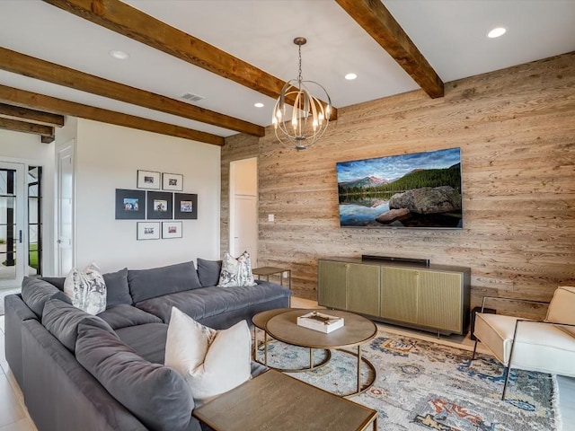 19601 Flying J Blvd Unit 15, Spicewood, TX 78669 - living area featuring a chandelier, recessed lighting, and beam ceiling