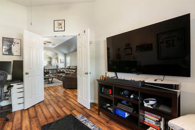 living room with an office area, wood finished floors, vaulted ceiling, and a ceiling fan
