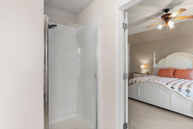 bedroom featuring ceiling fan and light colored carpet