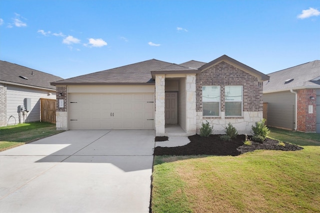 single story home with a garage and a front yard