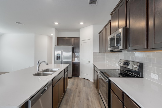 kitchen featuring sink, tasteful backsplash, a center island with sink, light hardwood / wood-style flooring, and appliances with stainless steel finishes