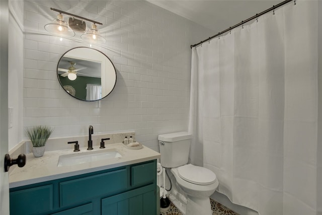 bathroom featuring decorative backsplash, vanity, toilet, and a shower with curtain