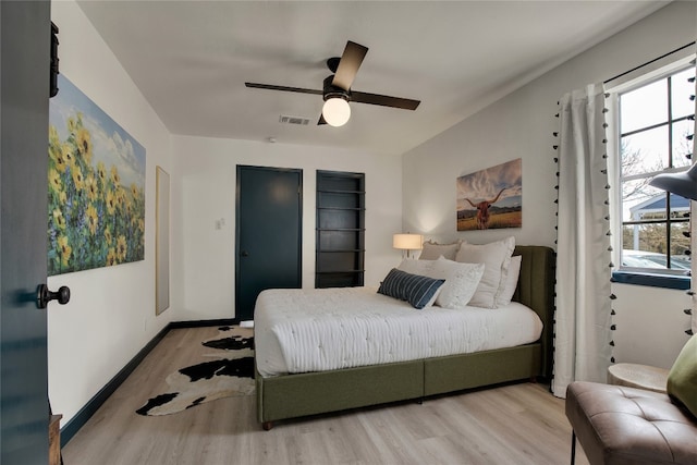 bedroom featuring ceiling fan and light hardwood / wood-style flooring