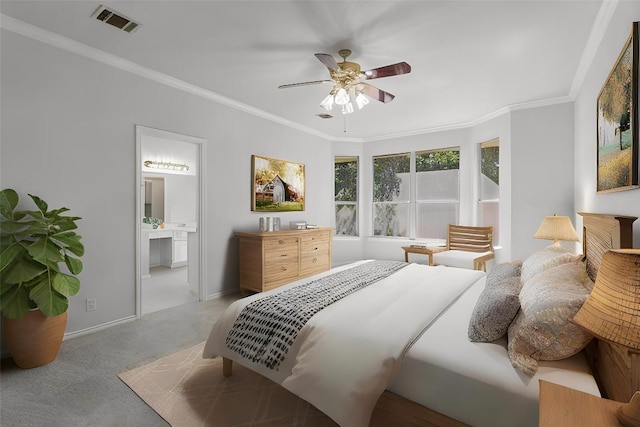 bedroom with ensuite bathroom, ceiling fan, crown molding, and light colored carpet