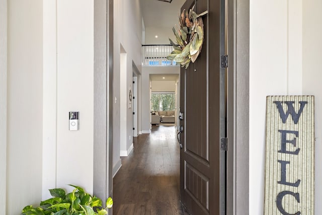 hall featuring dark wood-type flooring and a high ceiling