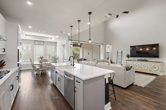 kitchen with white cabinetry, sink, an island with sink, decorative light fixtures, and appliances with stainless steel finishes