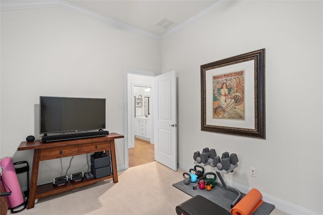 workout area featuring ornamental molding, vaulted ceiling, and light colored carpet