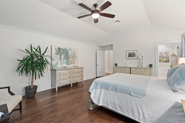 bedroom featuring ceiling fan, dark hardwood / wood-style floors, vaulted ceiling, and crown molding