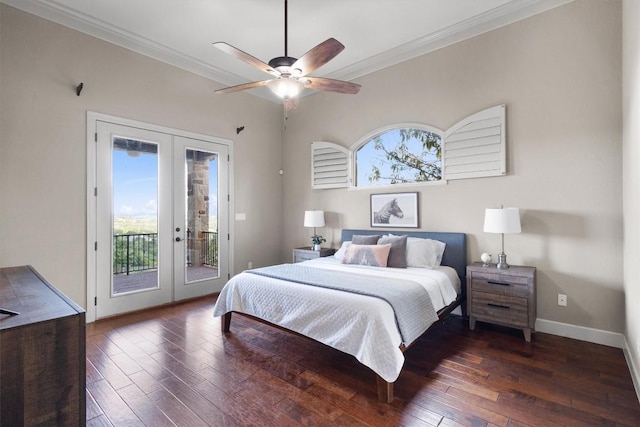4408 Blacksmith Cv, Spicewood, TX 78669 - bedroom featuring french doors, access to outside, ornamental molding, wood-type flooring, and a ceiling fan