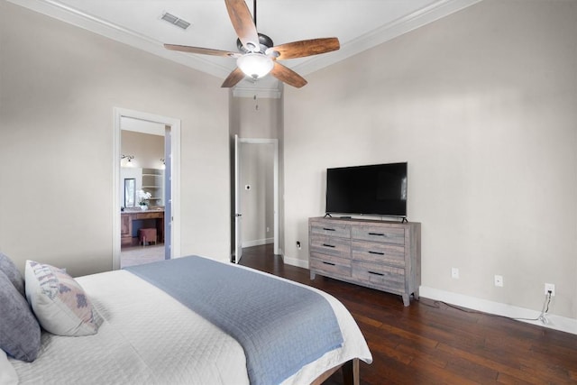 4408 Blacksmith Cv, Spicewood, TX 78669 - bedroom with wood-type flooring, crown molding, a ceiling fan, and ensuite bathroom