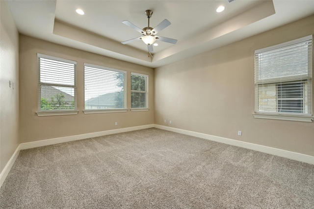 spare room with carpet floors and a tray ceiling