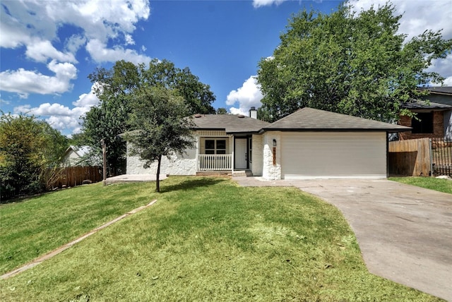 ranch-style house with a garage and a front lawn