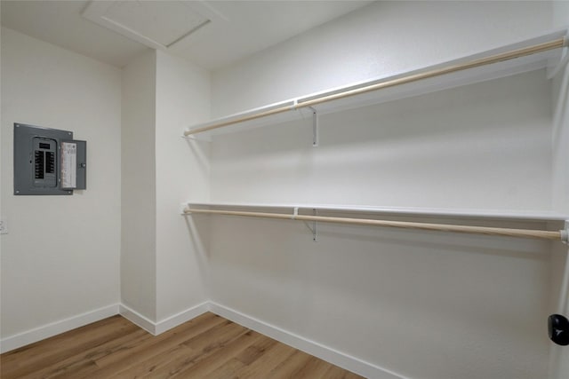 spacious closet featuring wood-type flooring and electric panel