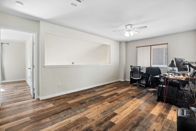 office featuring ceiling fan and dark hardwood / wood-style floors