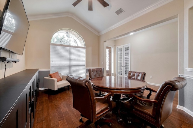 dining area with ornamental molding, vaulted ceiling, dark hardwood / wood-style flooring, and ceiling fan