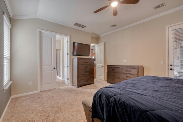 bedroom with multiple windows, ornamental molding, light carpet, and ceiling fan