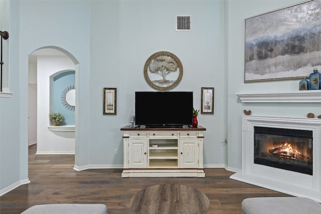 living room with dark hardwood / wood-style flooring