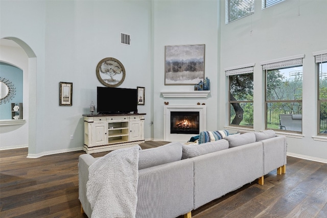 living room with a towering ceiling and dark hardwood / wood-style floors