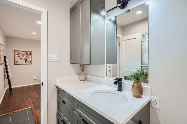 bathroom with wood-type flooring and vanity