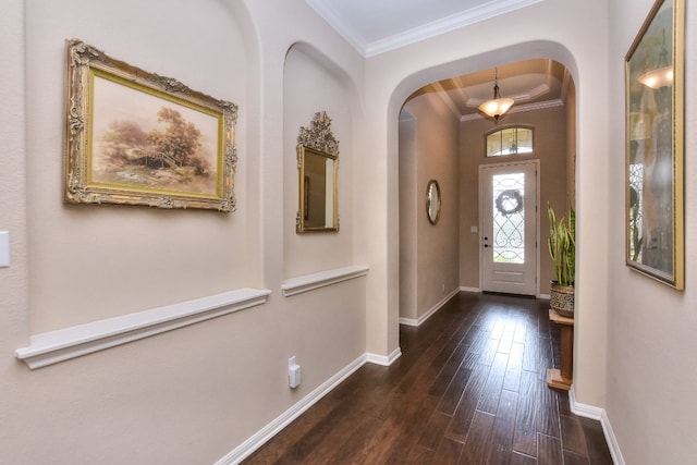 foyer featuring dark hardwood / wood-style floors and crown molding