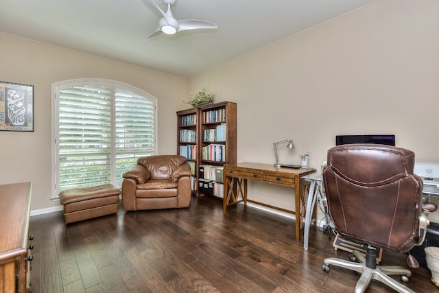 office space with dark hardwood / wood-style flooring and ceiling fan