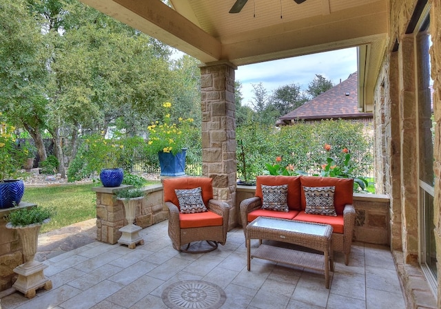 view of patio / terrace with ceiling fan and an outdoor hangout area