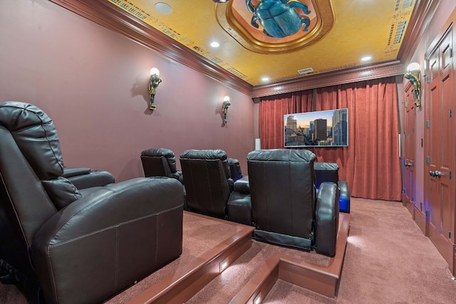 cinema featuring ornamental molding and light carpet